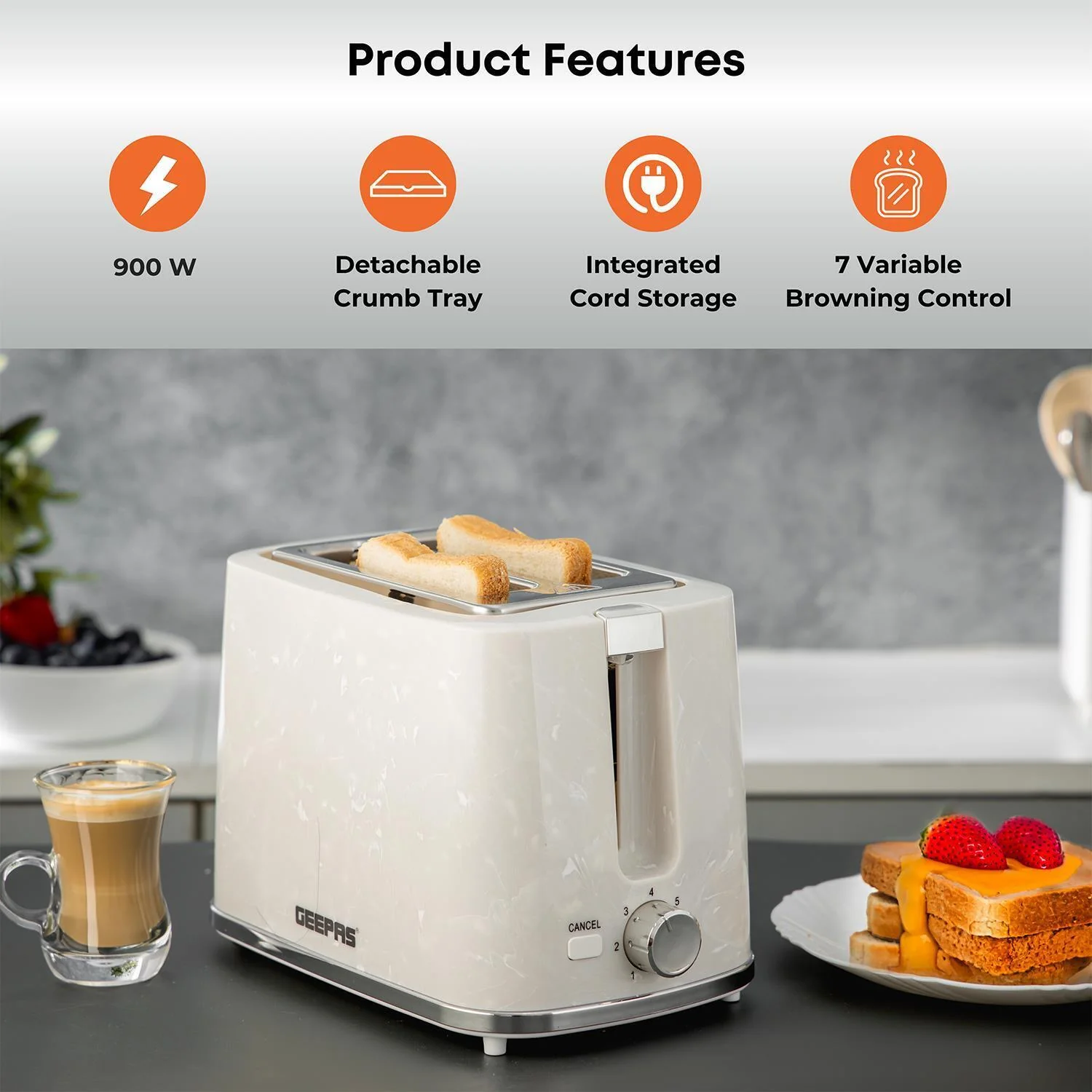 White 1.7L Cordless Electric Kettle & 900W 2-Slice Bread Toaster Set - Image 3