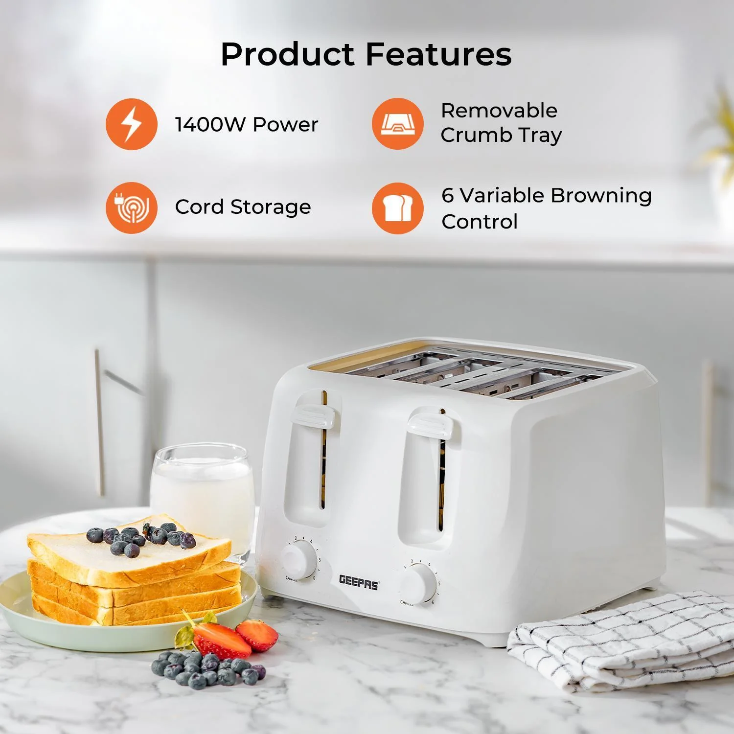 White 1.7L Rapid-Boil Kettle & Four-Slice Toaster Set - Image 5