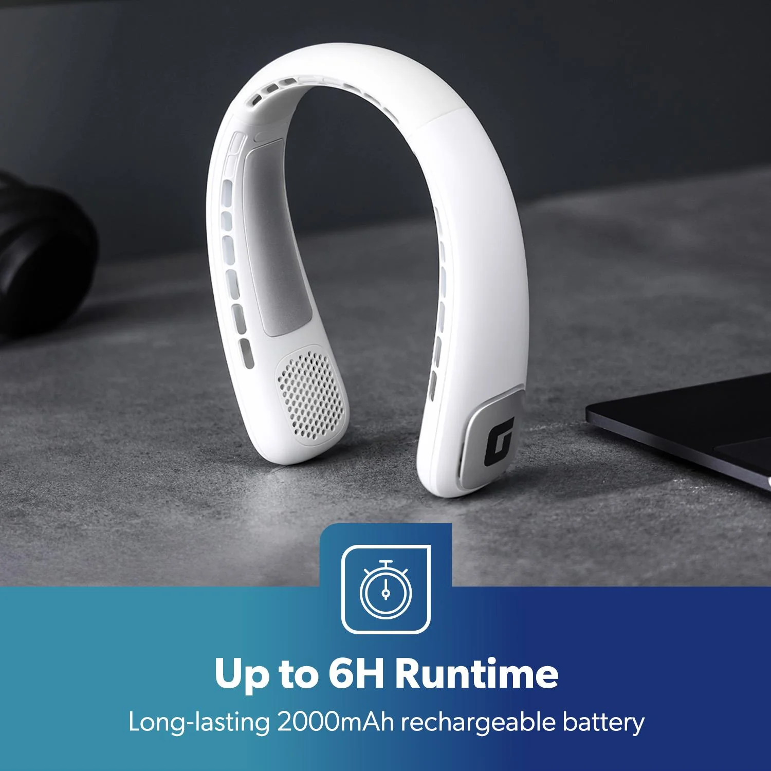 White 2000mAh 3-Speed Quiet Neck Fan 6hr Run Time - Image 3