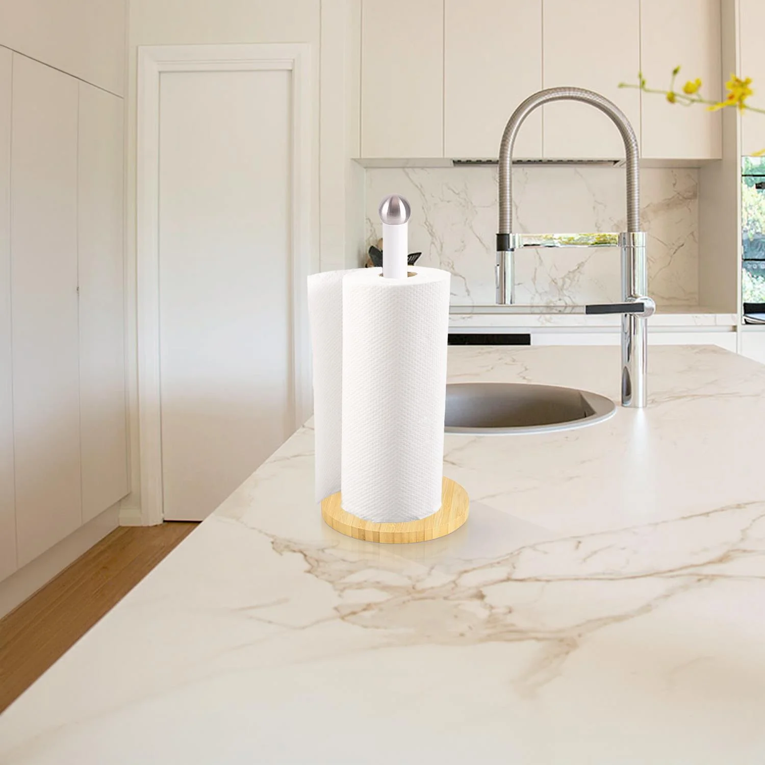 White and Wooden Kitchen Paper Towel Holder - Image 2