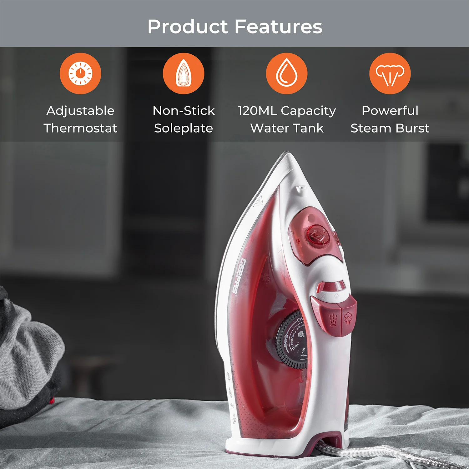 White & Red 1800W Non-Stick Steam Iron With Temperature Controls - Image 2