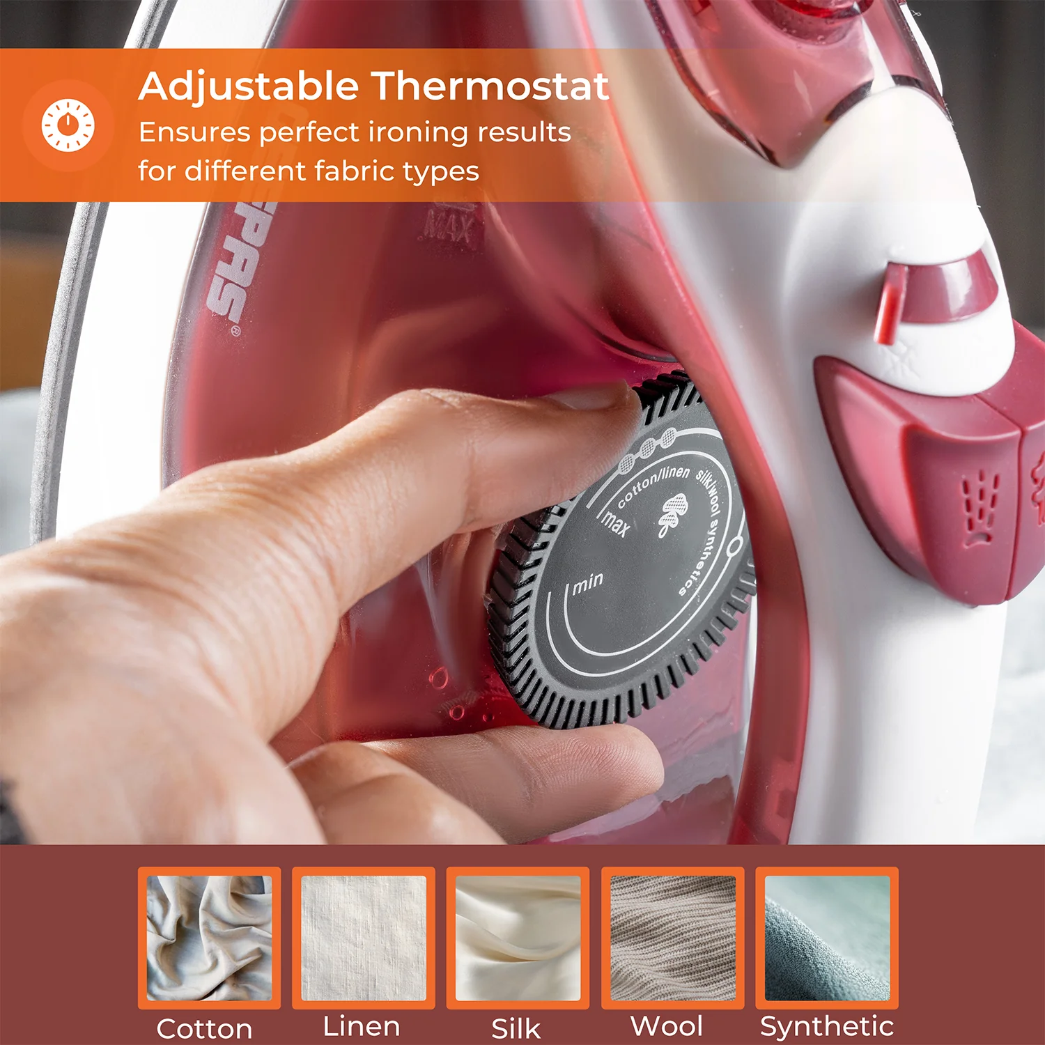 White & Red 1800W Non-Stick Steam Iron With Temperature Controls - Image 3