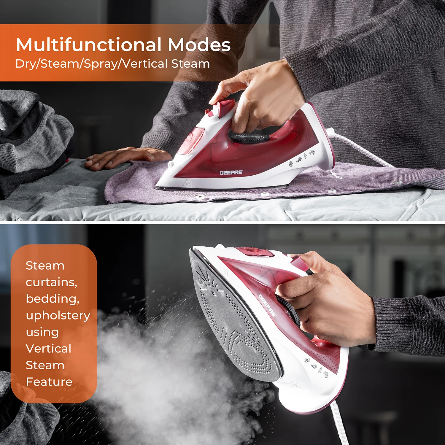 White & Red 1800W Non-Stick Steam Iron With Temperature Controls - Image 4