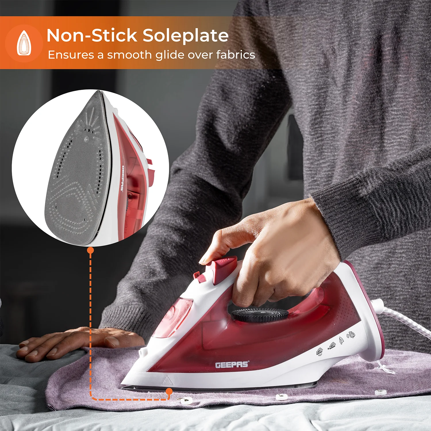 White & Red 1800W Non-Stick Steam Iron With Temperature Controls - Image 6