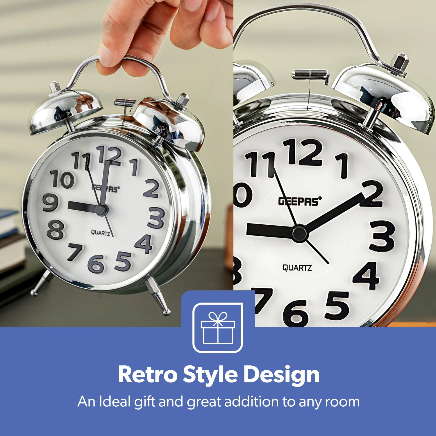 White Retro Bell Alarm Clock With Night Lamp - Image 7